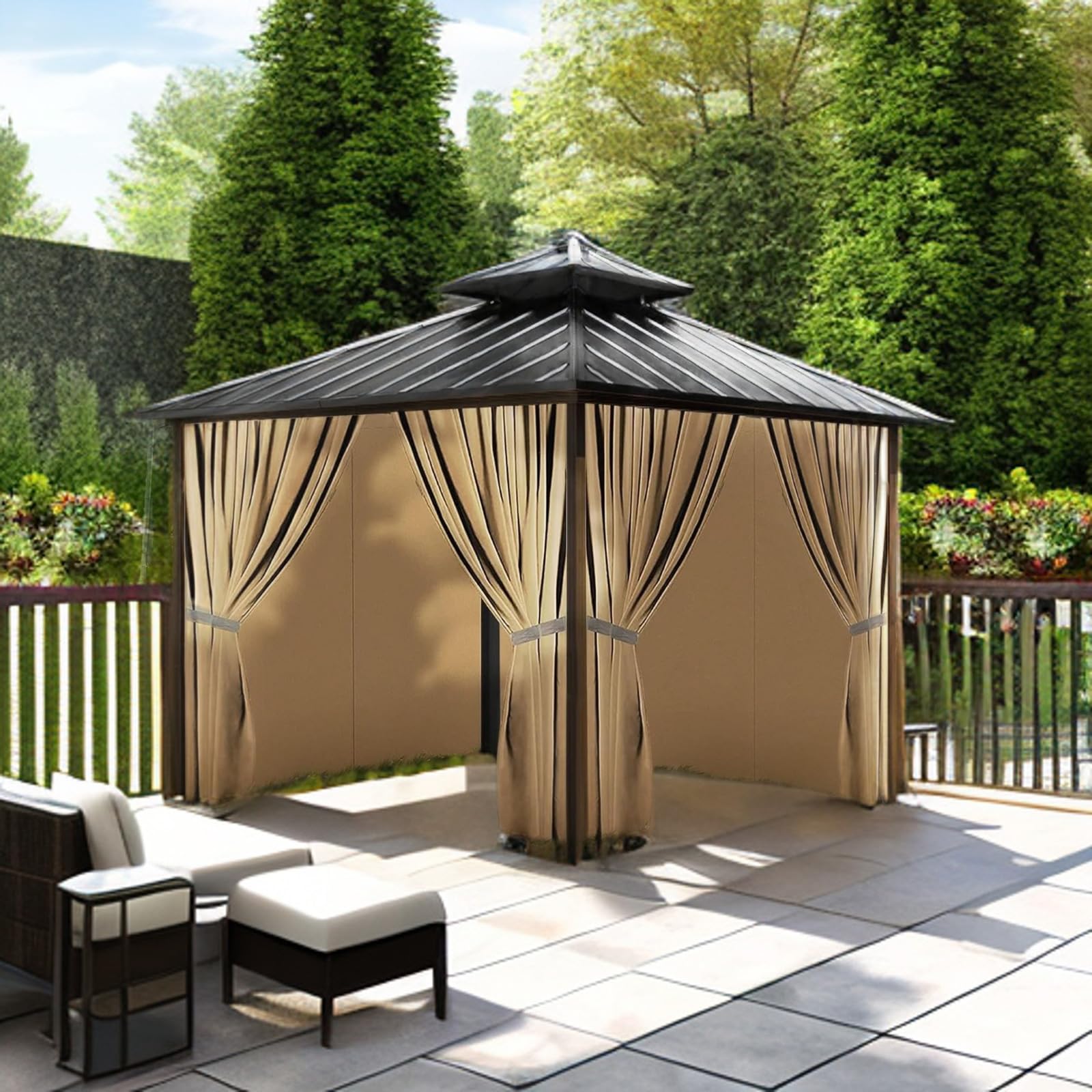 10'x12' Waterproof Gazebo Curtains - Khaki Universal Replacement Side Panels (4-Panel Set) with Zipper for Outdoor Patio, Garden & Backyard Use - Perfect for Sun Protection & Privacy