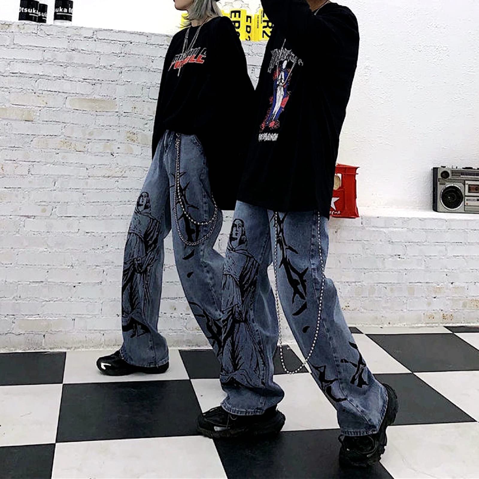 FOMOYUU High Waisted Baggy Jeans for Women - Y2K Streetwear Fashion with Print Design | Perfect for Teen Girls & Casual Outfits | Great for Parties, Shopping & Everyday Wear