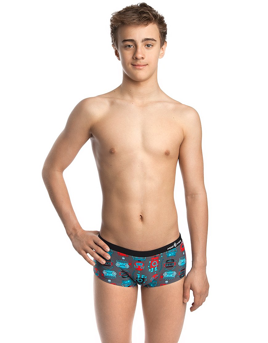 Mad Wave Boys Swim Trunks with Robot Print - Red & Black for Kids Beach, Pool & Summer Activities