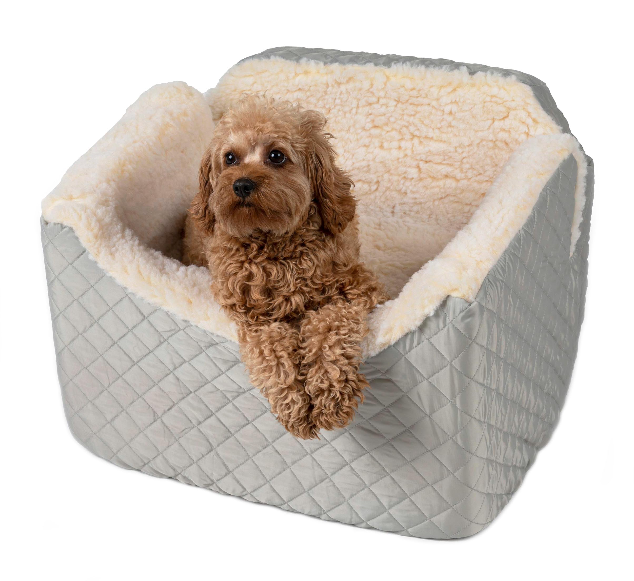 Snoozer Lookout Dog Booster Car Seat for Small Dogs Under 25lbs - Pet Car Seat with Harness Strap to Prevent Motion Sickness - Grey Quilted Removable & Machine Washable Cover - Perfect for Road Trips & Vet Visits
