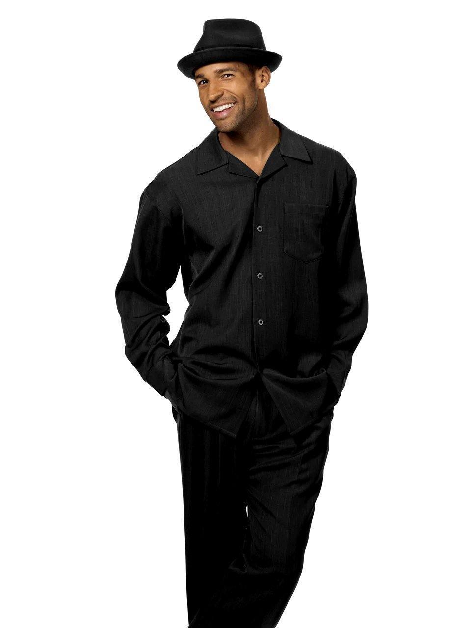 Montique Men's 2 Piece Long Sleeve Walking Suit - Solid Black Outfit for Jogging, Hiking & Casual Wear