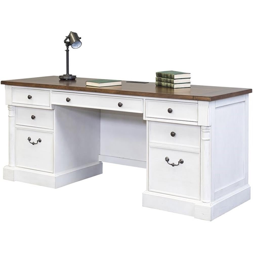 Home Square 2-Piece Computer Desk with Hutch Set in Weathered White - Perfect for Home Office, Study Room & Small Spaces