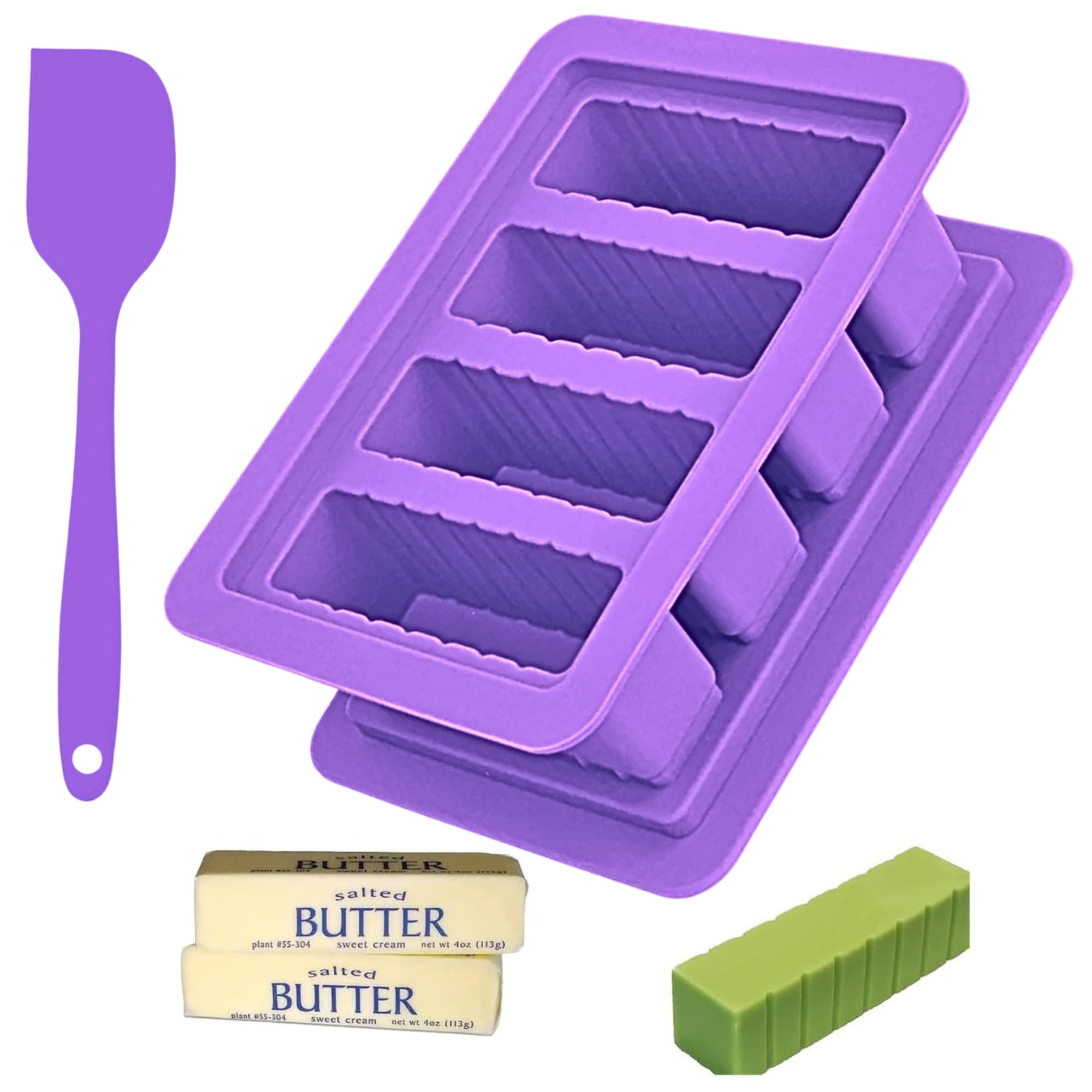 Silicone Butter Molds with Lid & Spatula - 4 Stick Forms for Herb Butter, Baking, Candles & Cookies | Reusable Purple Butter Tray for Kitchen, DIY Gifts & Party Decorations