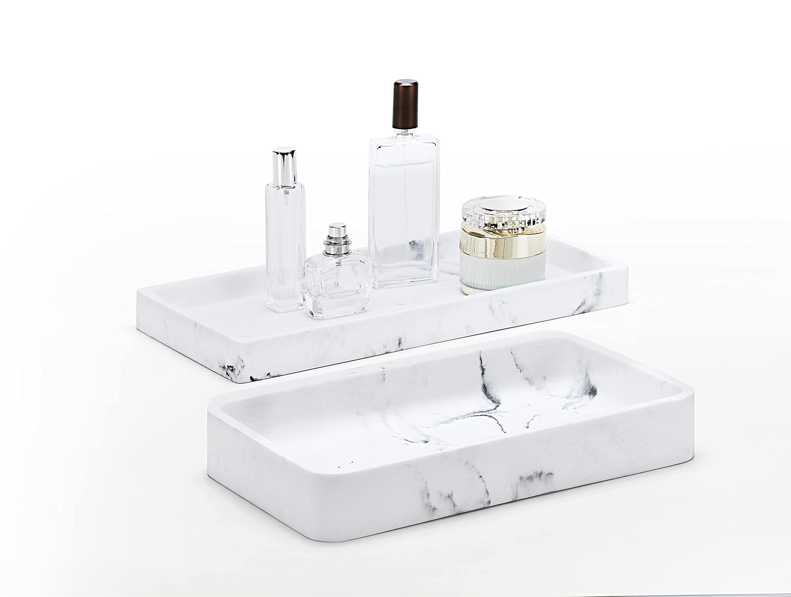 SunnyPoint Faux Marble Jewelry Organizer Tray - Resin Vanity Tray for Rings, Cosmetics, Perfume & Small Decor - Elegant Marble White Dresser Organizer (10.23