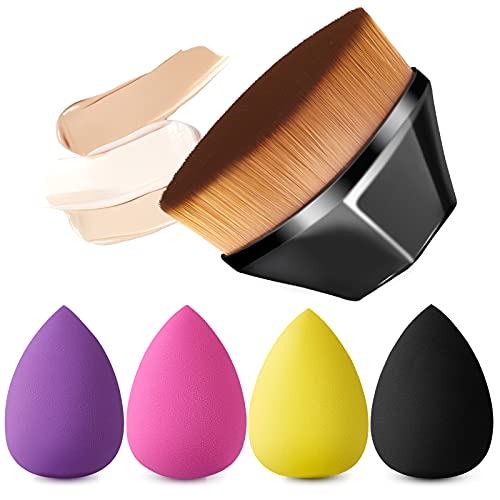IYOCHO 4+1 pcs Makeup Sponges with Contour Kabuki Brush Set - 4 Color Beauty Blenders for Liquid Foundation, Cream & Powder - Perfect for Professional Makeup & Travel Kit