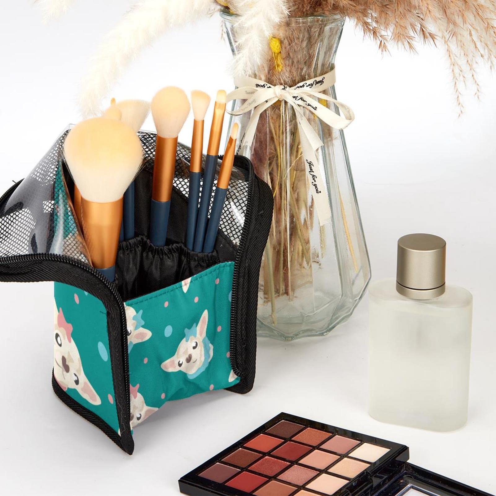 12-Piece Portable Makeup Brush Organizer Bag with Bow Chihuahua Dog Design - Perfect Travel Makeup Brush Holder Case for Home & On-The-Go