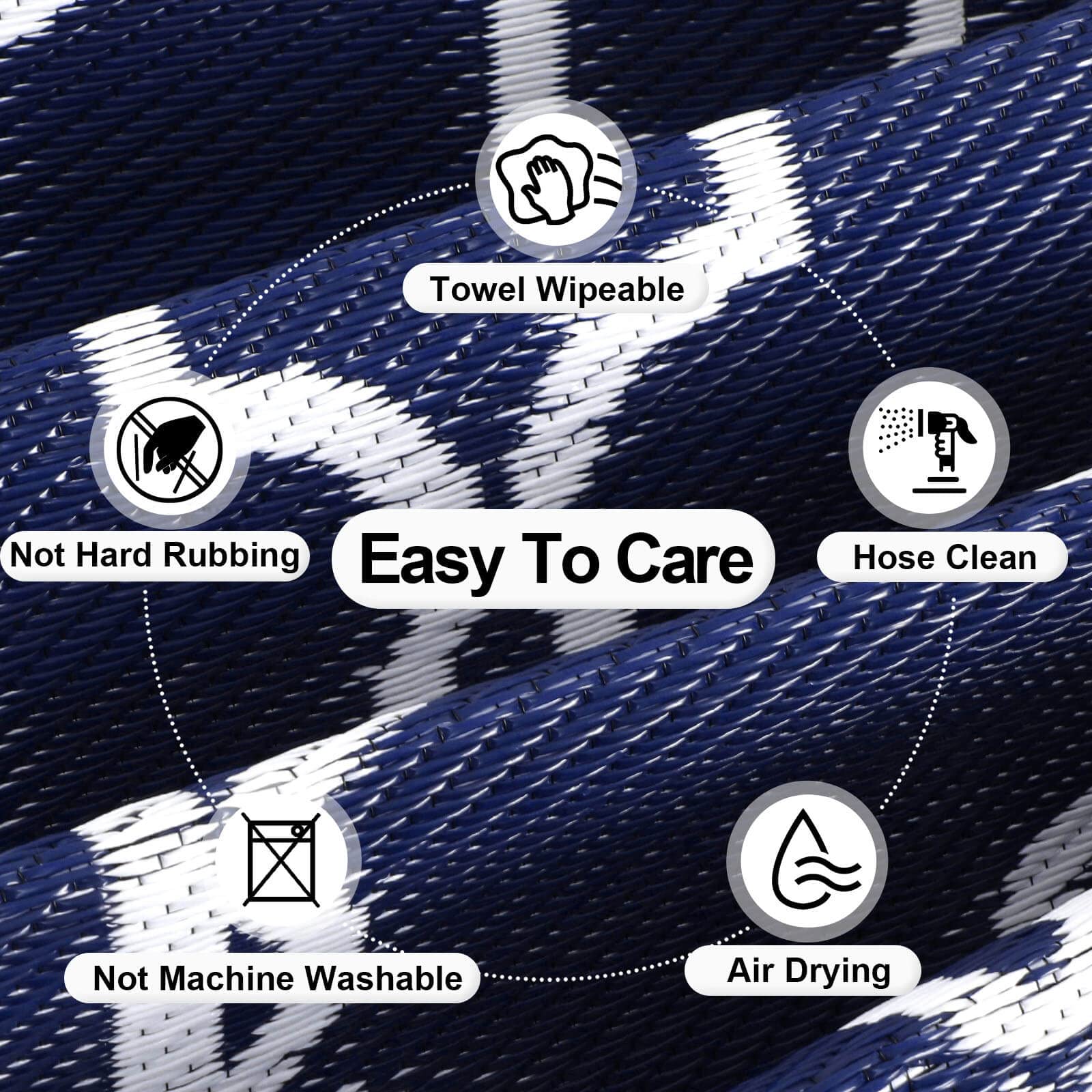 Outdoor Reversible Rug 9x12 ft - Waterproof Plastic Patio Carpet, UV & Stain Resistant RV Mat, Straw Weave Moroccan Navy & White - Perfect for Camping, Backyard, Deck, Picnic, Porch, RV & Outdoor Decor