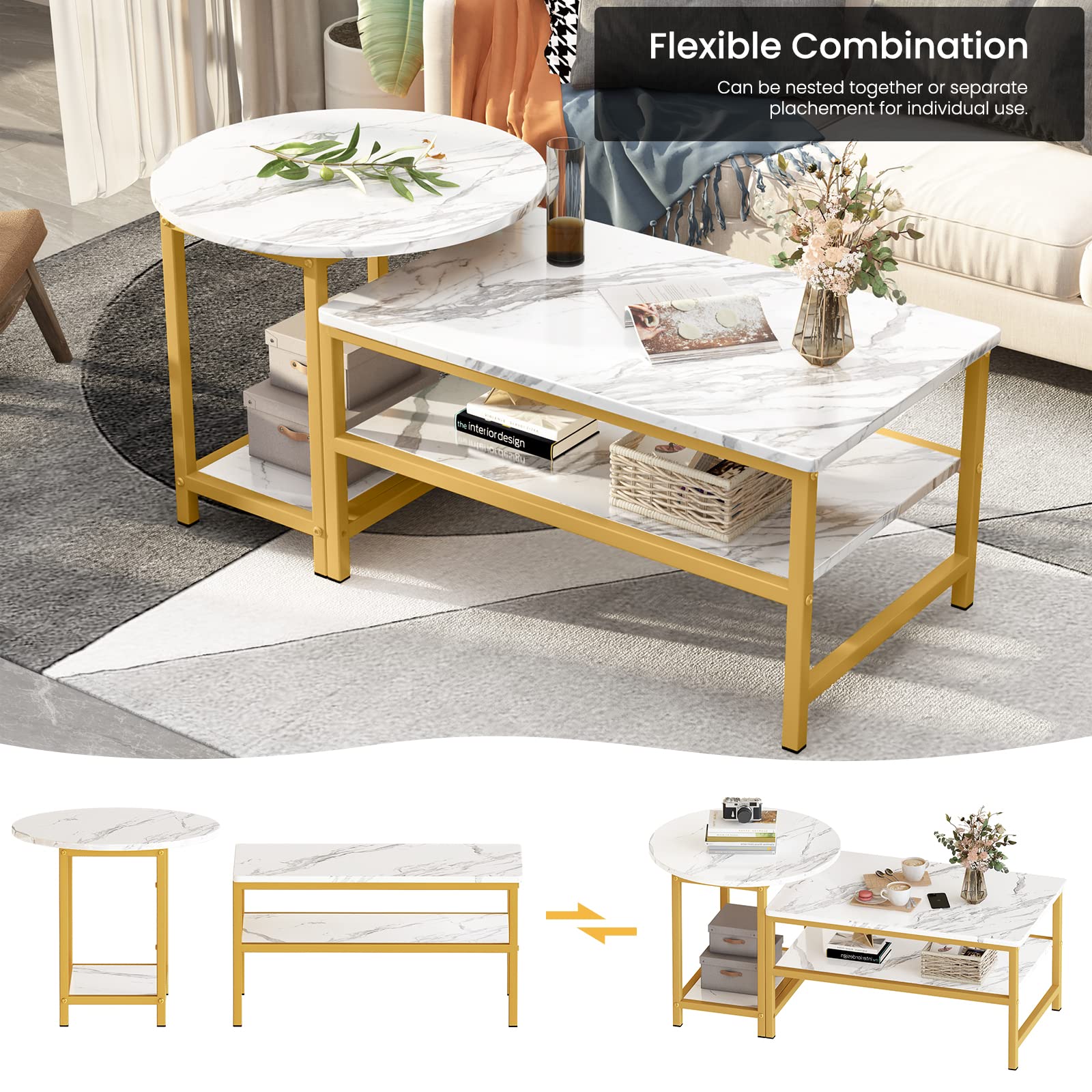 AWQM Nesting Coffee Table Set of 2 - Modern Rectangular & Round Side Tables with Open Storage & Adjustable Shelf - White Living Room & Bedroom Furniture for Small Spaces, Apartments, and Home Decor