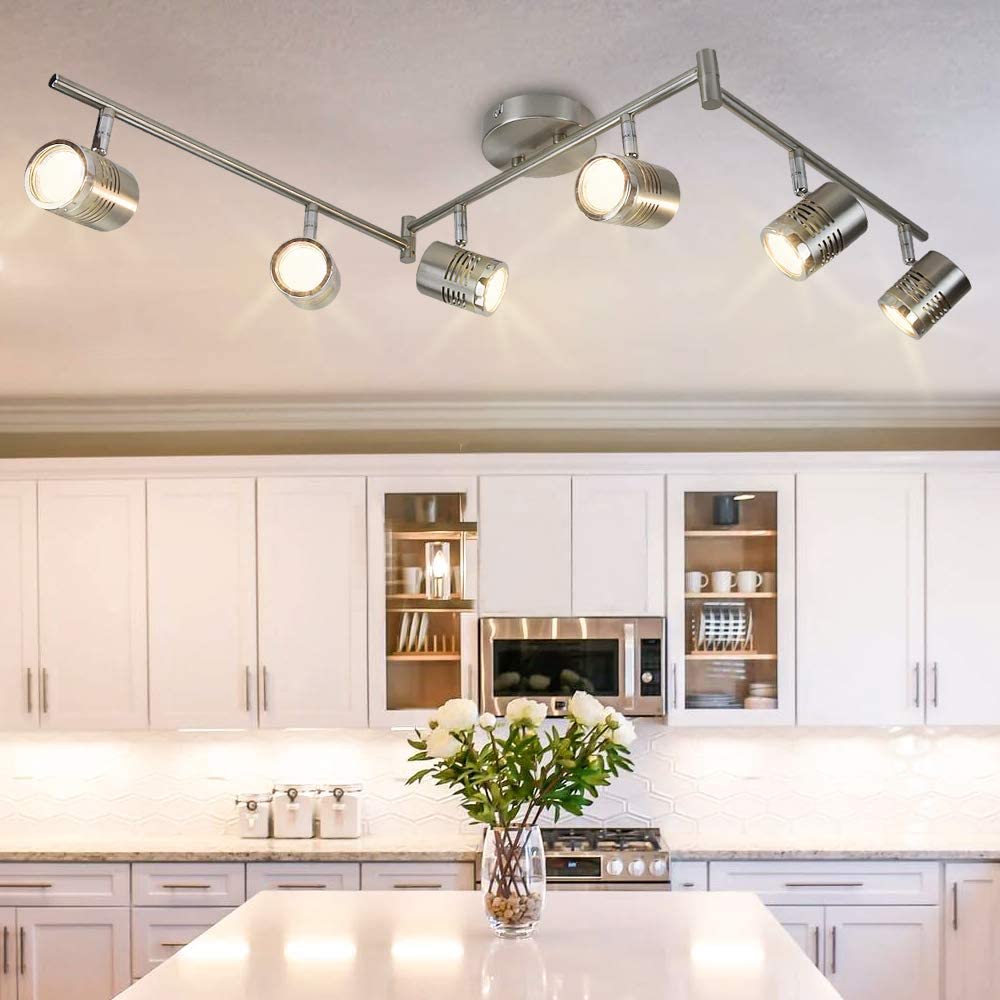 Depuley 6-Way Rotatable LED Ceiling Light - Chrome Swiveling Modern Spotlight Fixture with 6x 3W GU10 Bulbs (Warm White) - Perfect for Kitchen, Living Room, Bedroom & Office Lighting