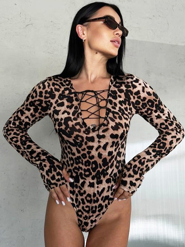 ZASUWA Women's Sexy Leopard Print Lace-Up Bodysuit - Stretchy Lingerie for Date Night & Boudoir Photography