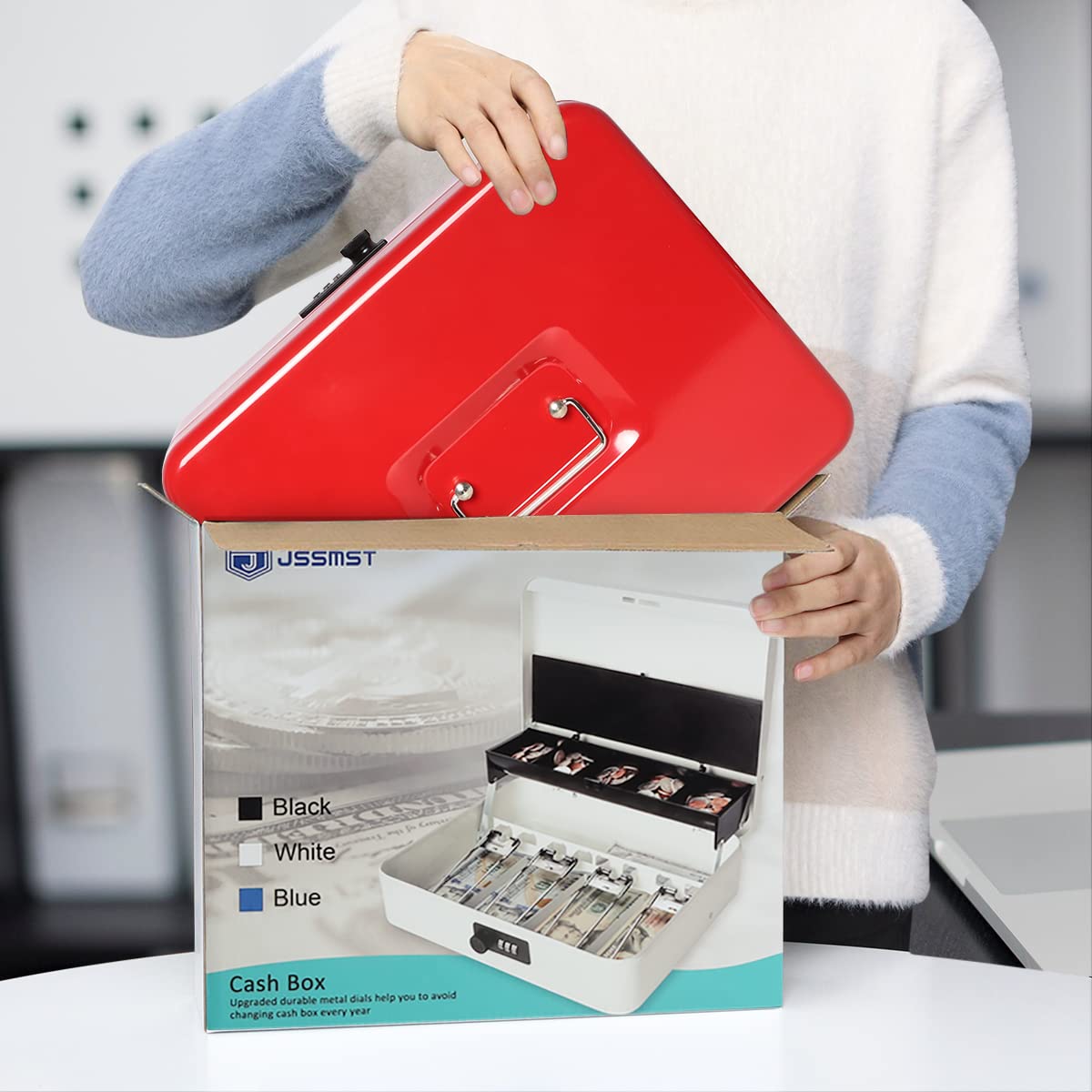 Jssmst Large Cash Box with Money Tray & Combination Lock - 11.8