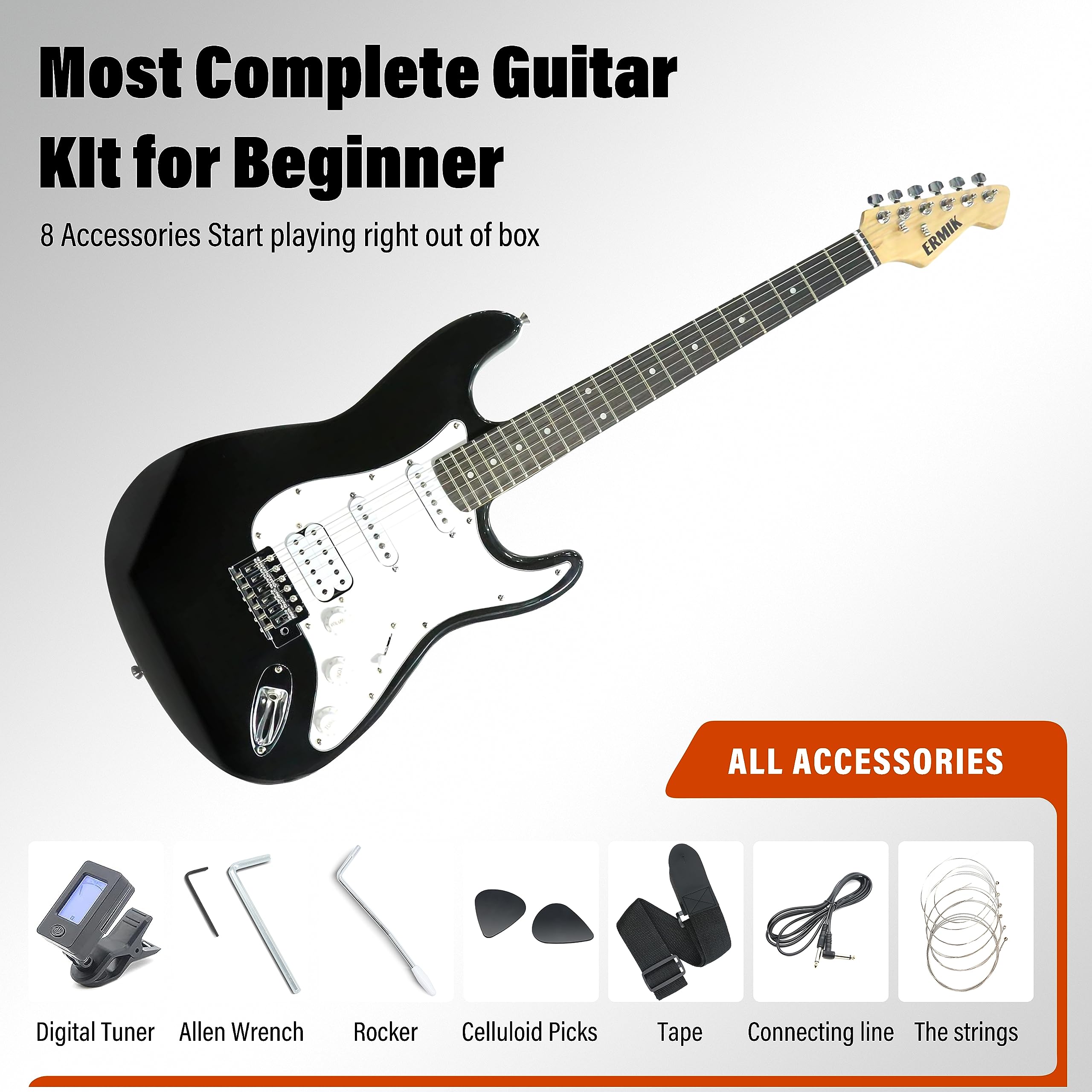 **Ermik Solid Body Electric Guitar Kit with 20W Amp, HSS Pickups, Strings, Strap, Digital Tuner, Picks, Gig Bag, Cable & Tremolo Bar – 39