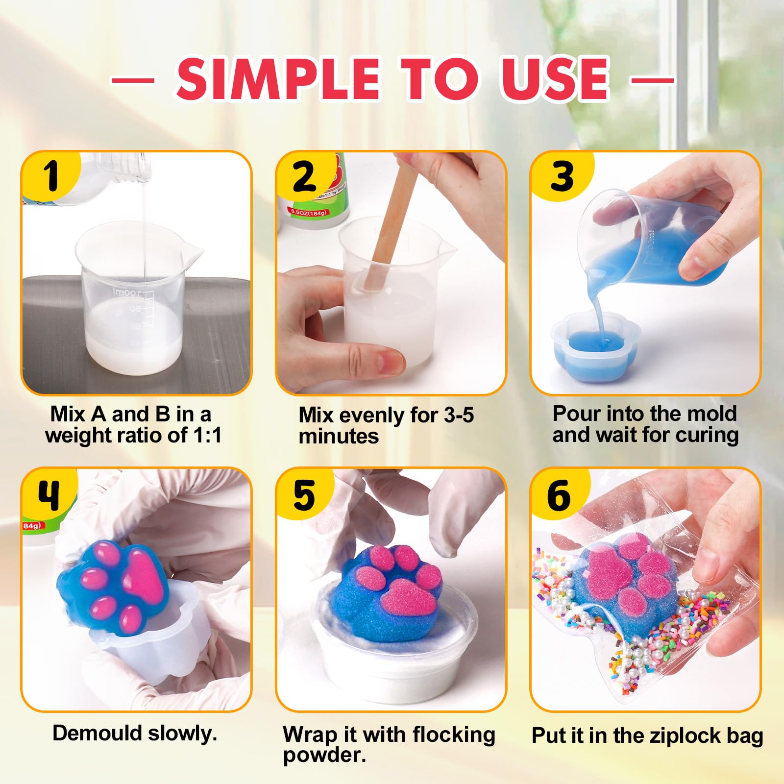 Fast Cure Liquid Silicone Squishy Maker Kit - DIY Cat Paw Casting Mold for Stress Relief Toys | Fun Gifts for Adults & Kids | Perfect for Home Crafts, Party Favors, and Sensory Play