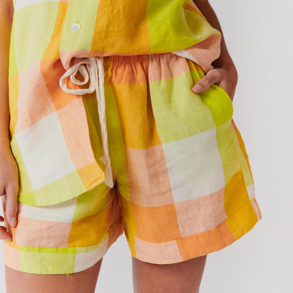 Peach Lemonade Check Shorts for Women - Trendy Summer Casual Shorts with Comfortable Fit - Perfect for Beach, Vacation, and Outdoor Activities