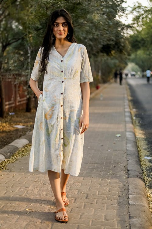 Sootisyahi 'Mystic Flow' Handmade Marble Printed 100% Pure Cotton Maxi Dress for Women - Boho Chic Summer Beach Vacation & Casual Outfit