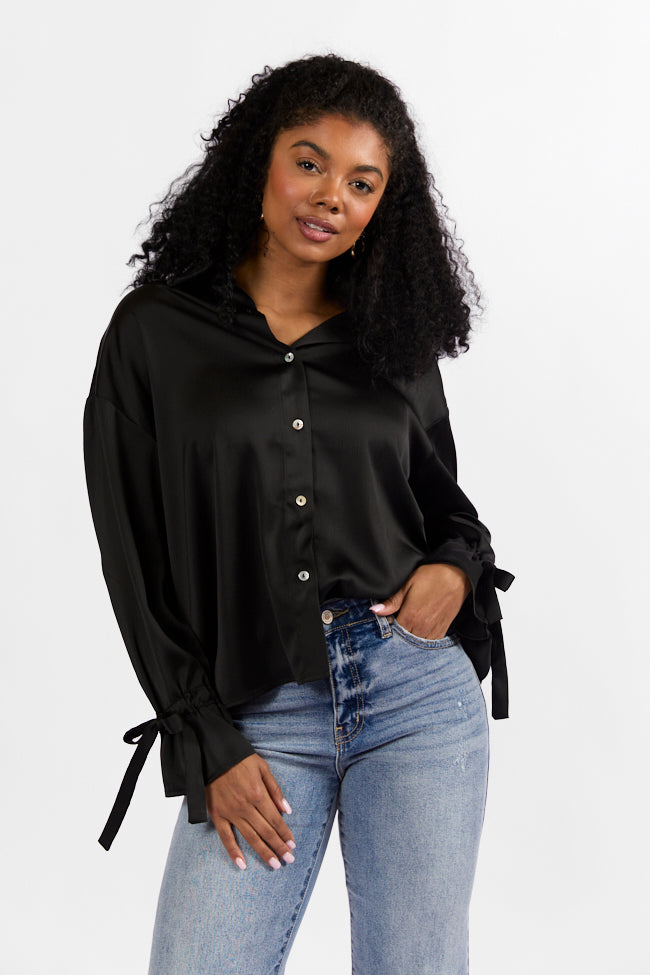 Think It Through Black Bow Cuff Satin Button Down Shirt for Women - Elegant Office Wear & Special Occasion Blouse - Final Sale