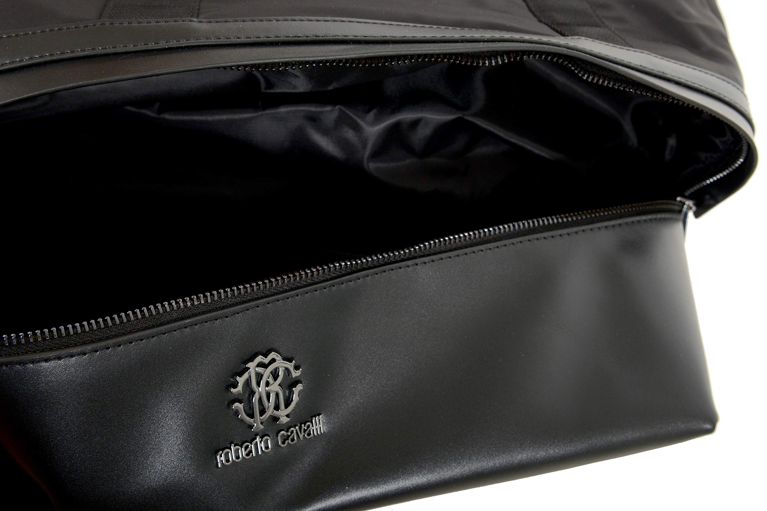 Roberto Cavalli Unisex Black Leather Trimmed Shoulder Handbag Tote Bag - Stylish & Durable for Work, Travel & Everyday Use