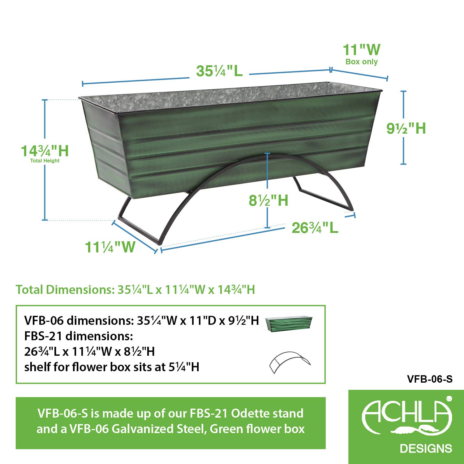 Achla Designs VFB-06-S Odette Large Green Flower Window Box with Stand - Perfect for Balcony, Patio & Garden Decor - Durable Outdoor Planter Box with Drainage Holes