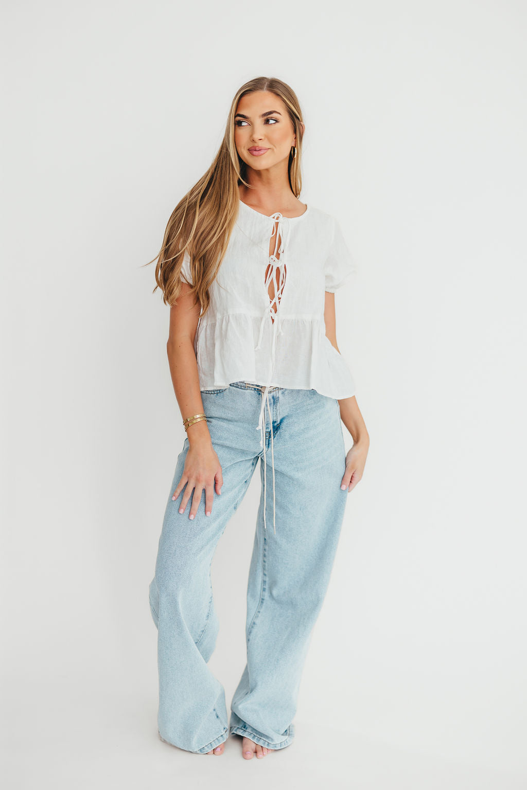 Mylie 100% Linen Woven Tie Top for Women - Off White Blouse | Breathable Summer Shirt, Casual Boho Chic Outfit for Beach, Date Night & Vacation