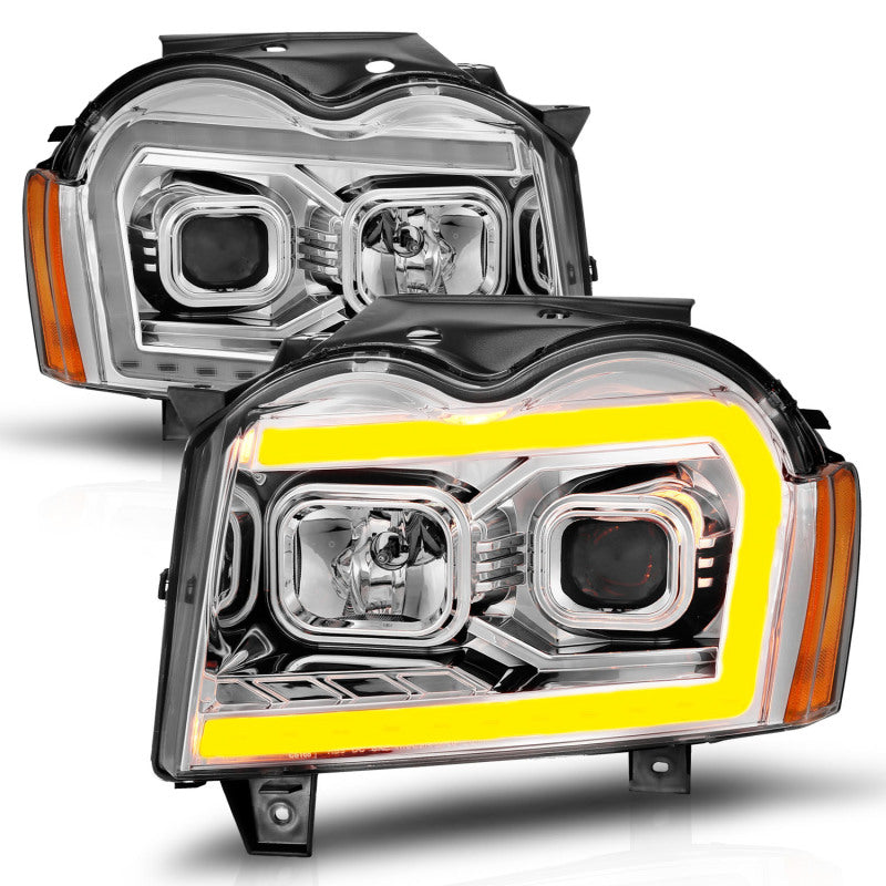 ANZO Projector Headlights with Light Bar Switchback (Chrome) for 2005-2007 Jeep Grand Cherokee - High Performance LED Headlight Upgrade for Off-Road & Night Driving