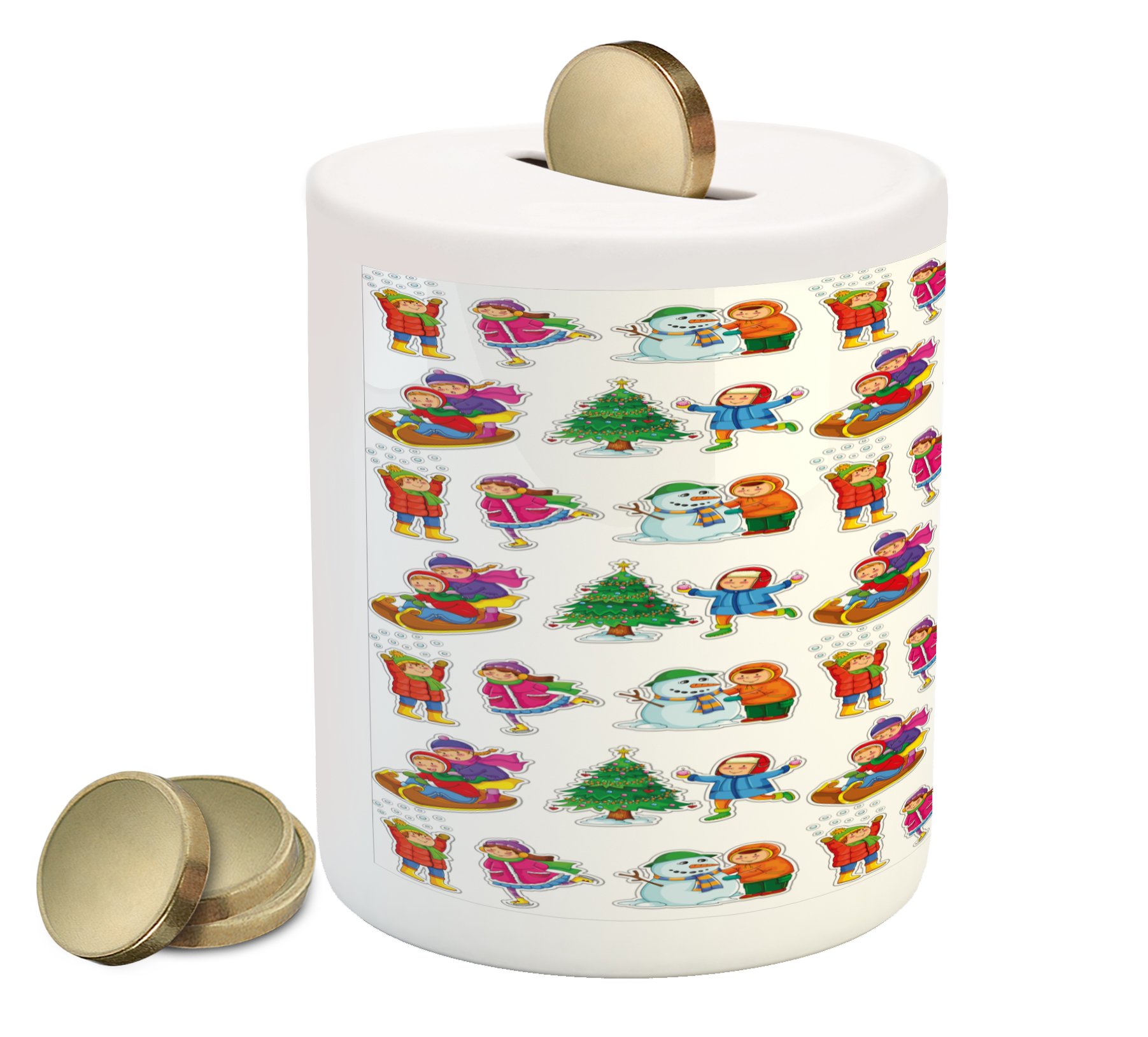 Ambesonne Ceramic Piggy Bank - Winter Themed Money Box with Snowman, Sledding & Christmas Tree Design for Cash Savings (3.6