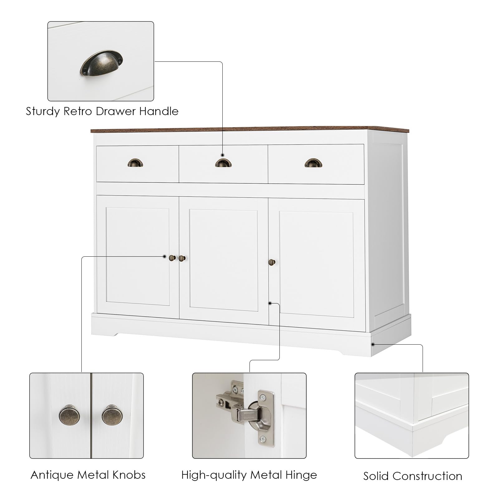 Farmhouse Style White Buffet Cabinet with 3 Drawers & 3 Doors - Adjustable Shelves Storage Sideboard for Dining Room, Living Room & Kitchen - Wine Bar Cabinet, Server Console & Cupboard Organizer - Perfect for Entertaining, Storage & Home Decor