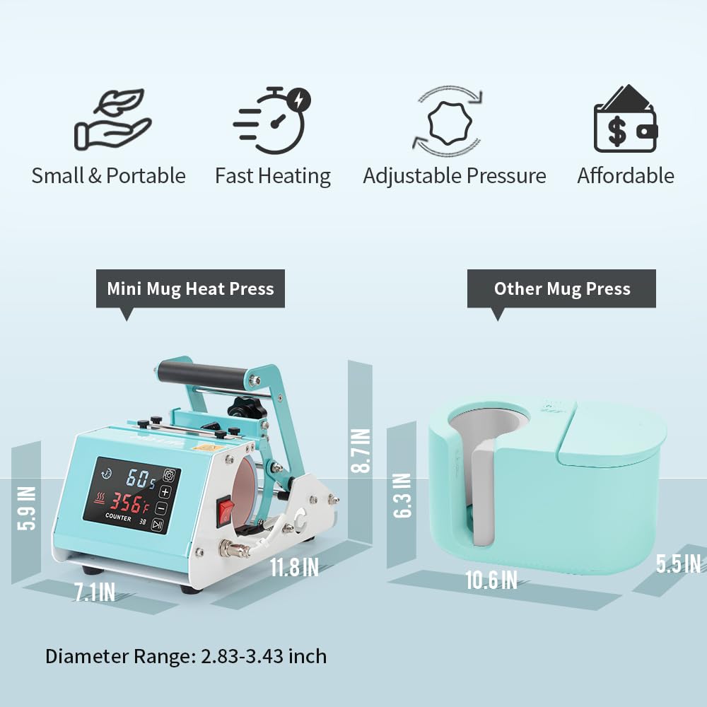 PYD Life 110V Mini Mug Heat Press Machine - Mint Green Tumbler Heat Press with Touch Screen for 11-15oz Sublimation Mugs & 18oz Sublimation Glass - Perfect for DIY Custom Drinkware, Home Business & Personalized Gifts