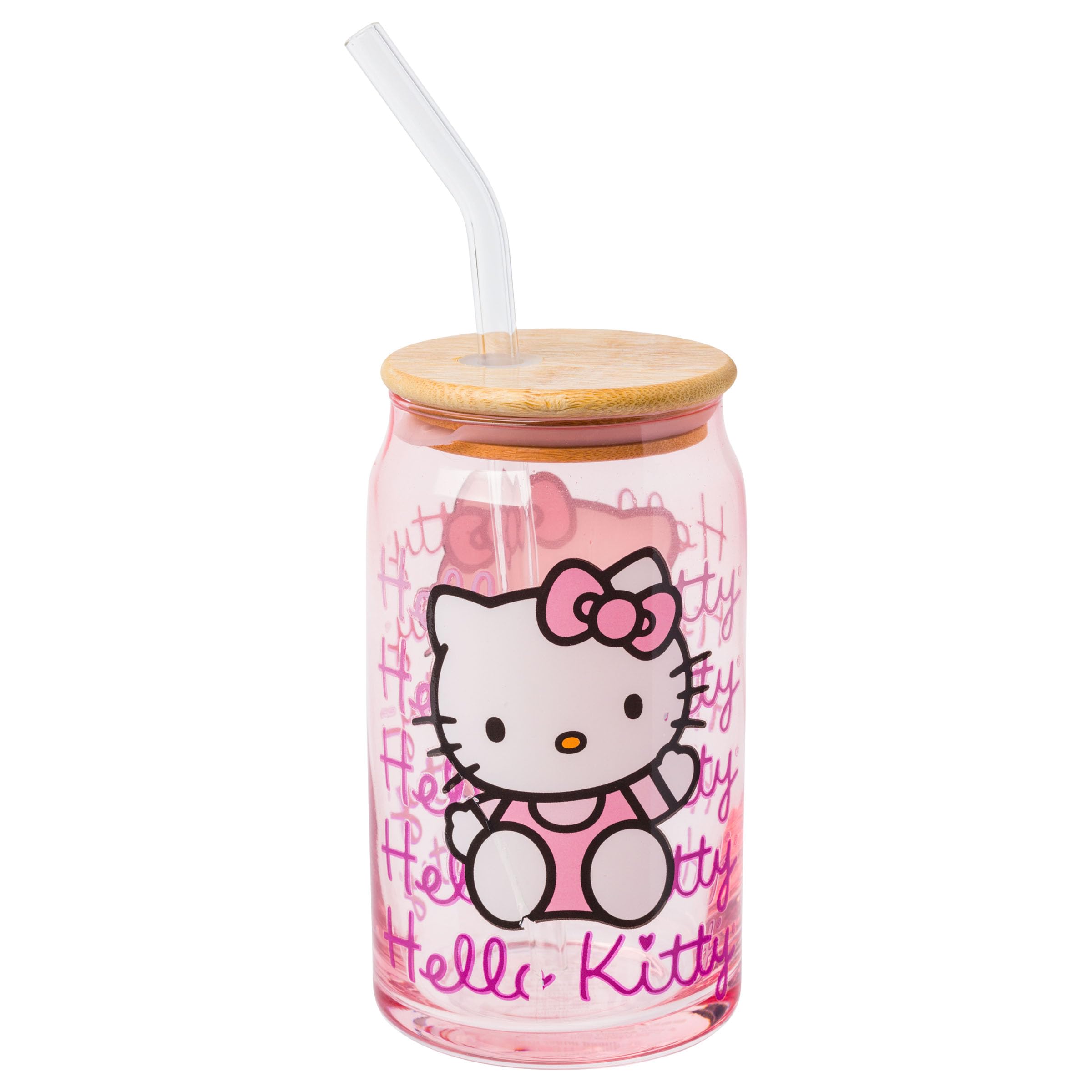 Sanrio Hello Kitty Strawberry Milk Ceramic Ramen Rice Bowl & 16oz Glass Tumbler with Bamboo Lid - Cute Japanese Character Tableware Set for Home, Office, and Gift Giving