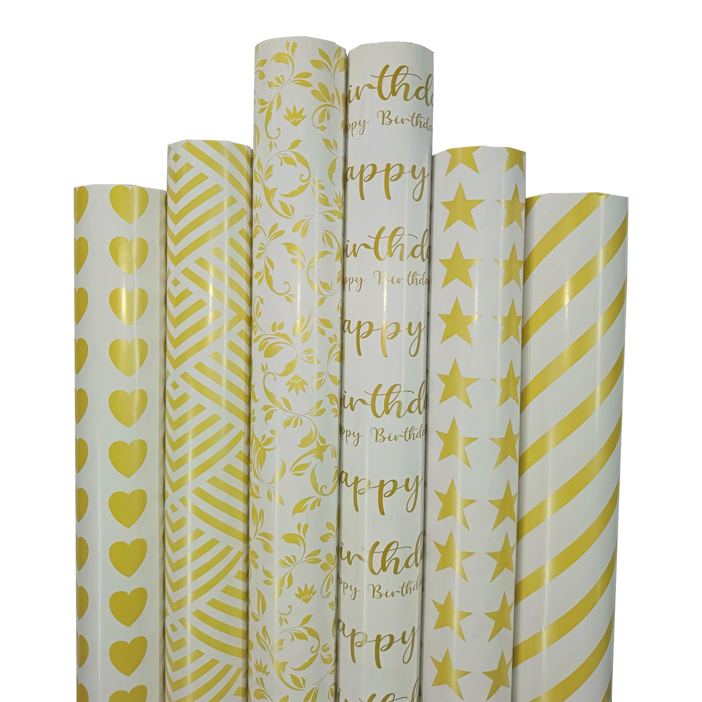 AccuPrints 6-Pack Premium Gift Wrapping Paper Rolls - Gold Theme Design for Birthday, Christmas & Holiday Presents - High-Quality Gift Wrap Sheets for Party, Wedding & Special Occasion Packaging