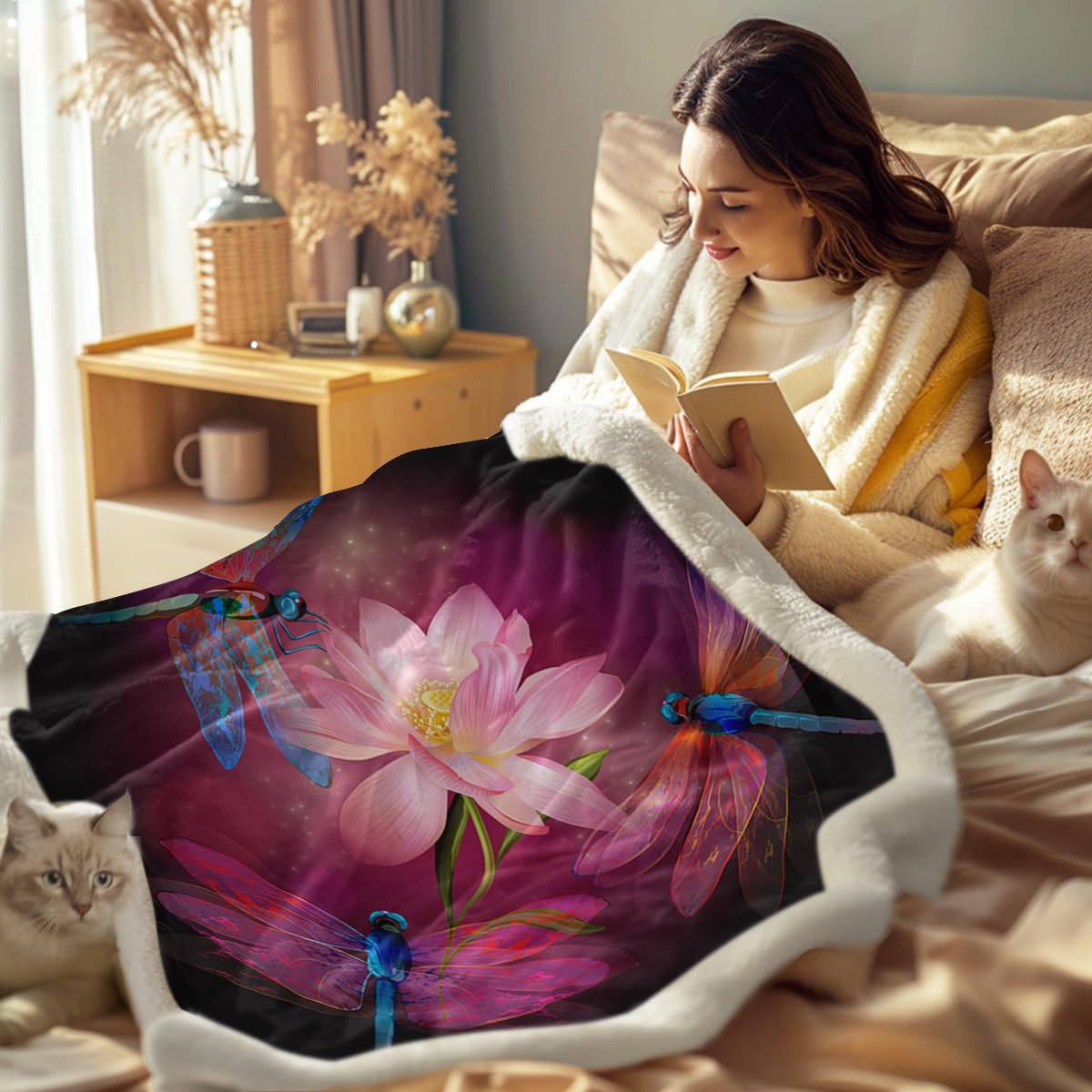 Sleepwish Dragonfly Fleece Throw Blanket for Kids & Adults - Soft Sherpa Blanket with Lotus Blossom Dragonfly Design - 60