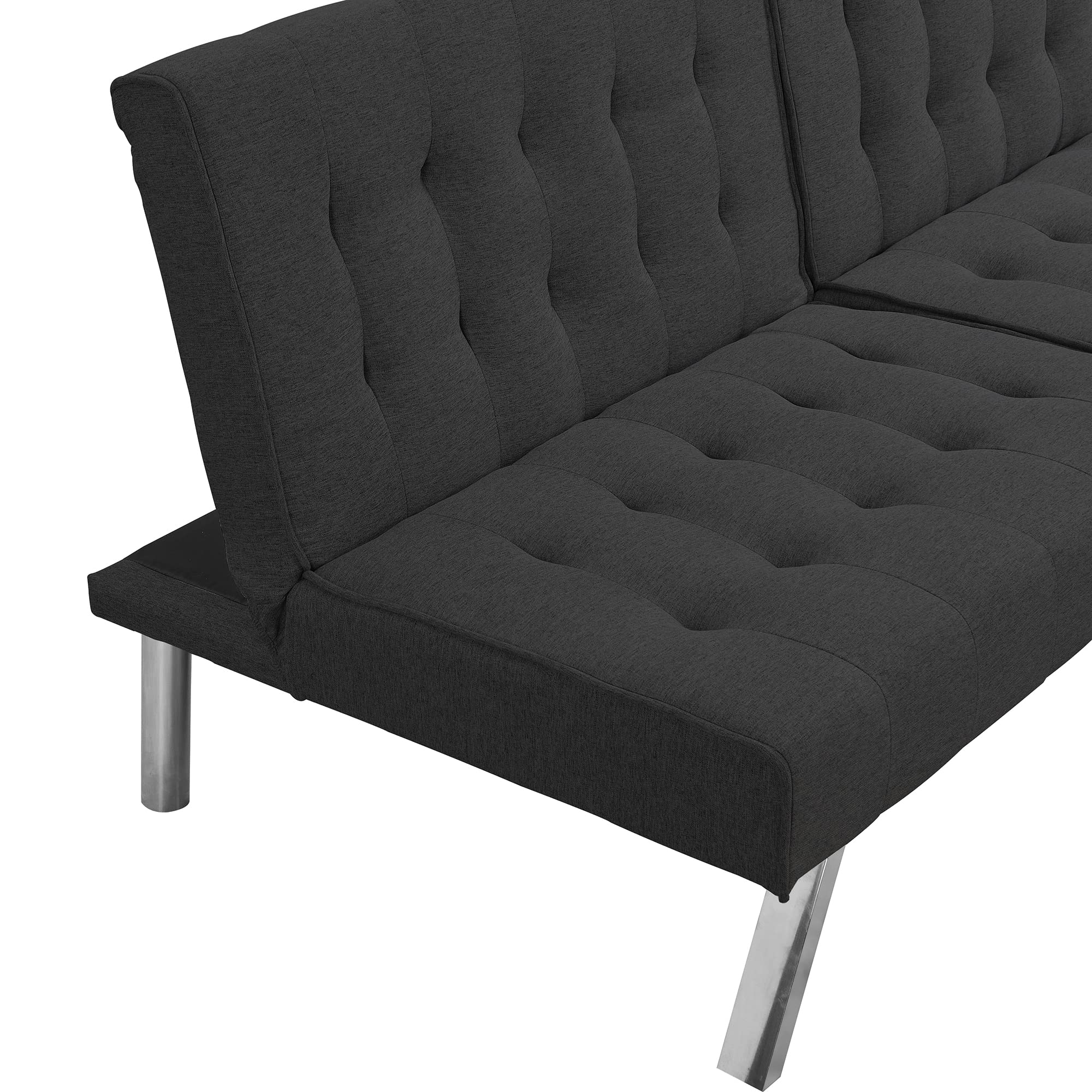 Black Wood Frame Stainless Leg Futon Sofa Bed - Convertible Sleeper for Small Spaces, Guest Rooms & Apartments