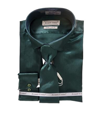AVANTI UOMO Men's Slim Fit Satin Dress Shirt with Tie - Hunter Green | Formal Business Attire & Evening Wear