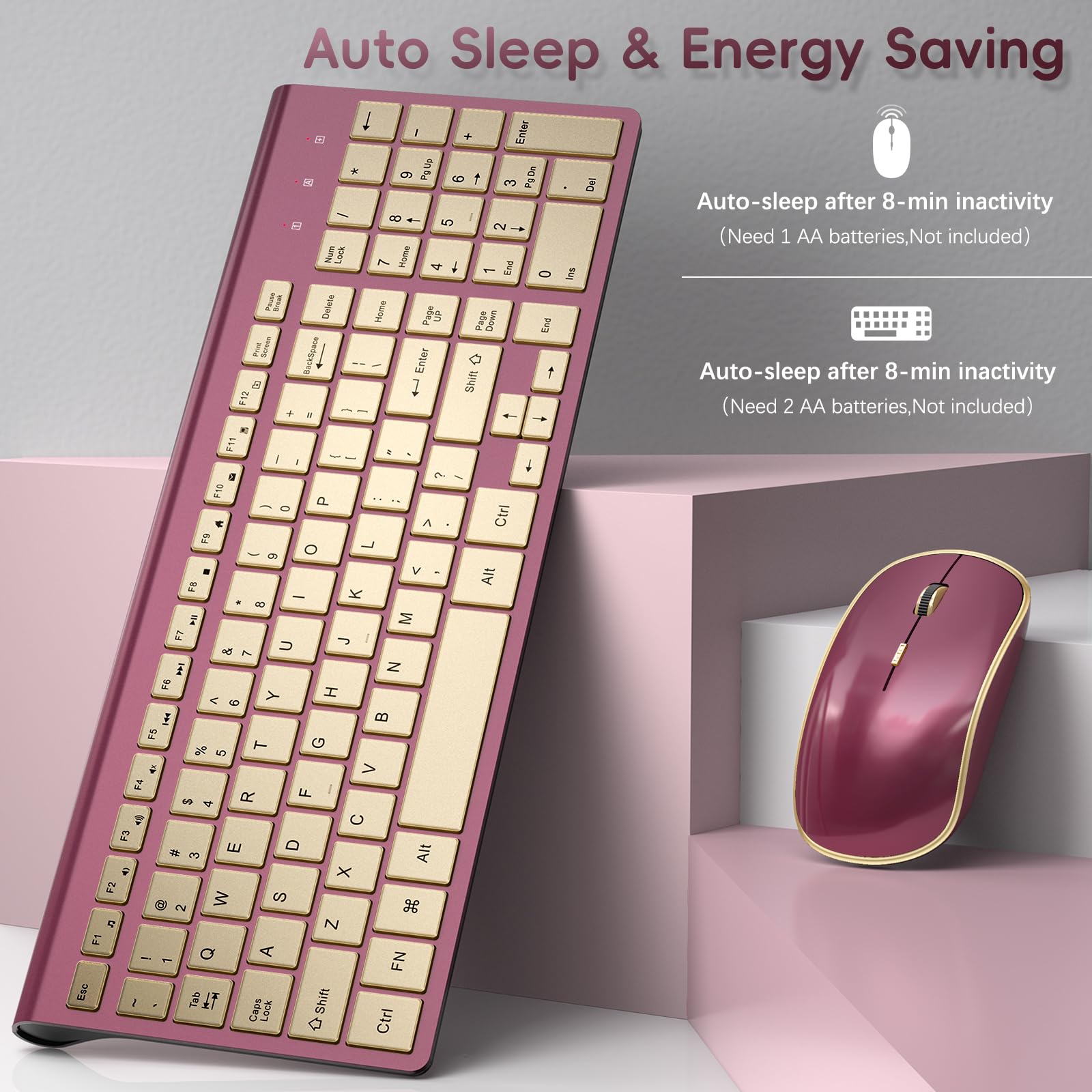 JOYACCESS 2.4G Wireless Keyboard and Mouse Combo - Slim Ergonomic Full-Size Portable Design for Laptop PC Windows Mac - Wine Red & Gold - Perfect for Home Office Gaming and Remote Work