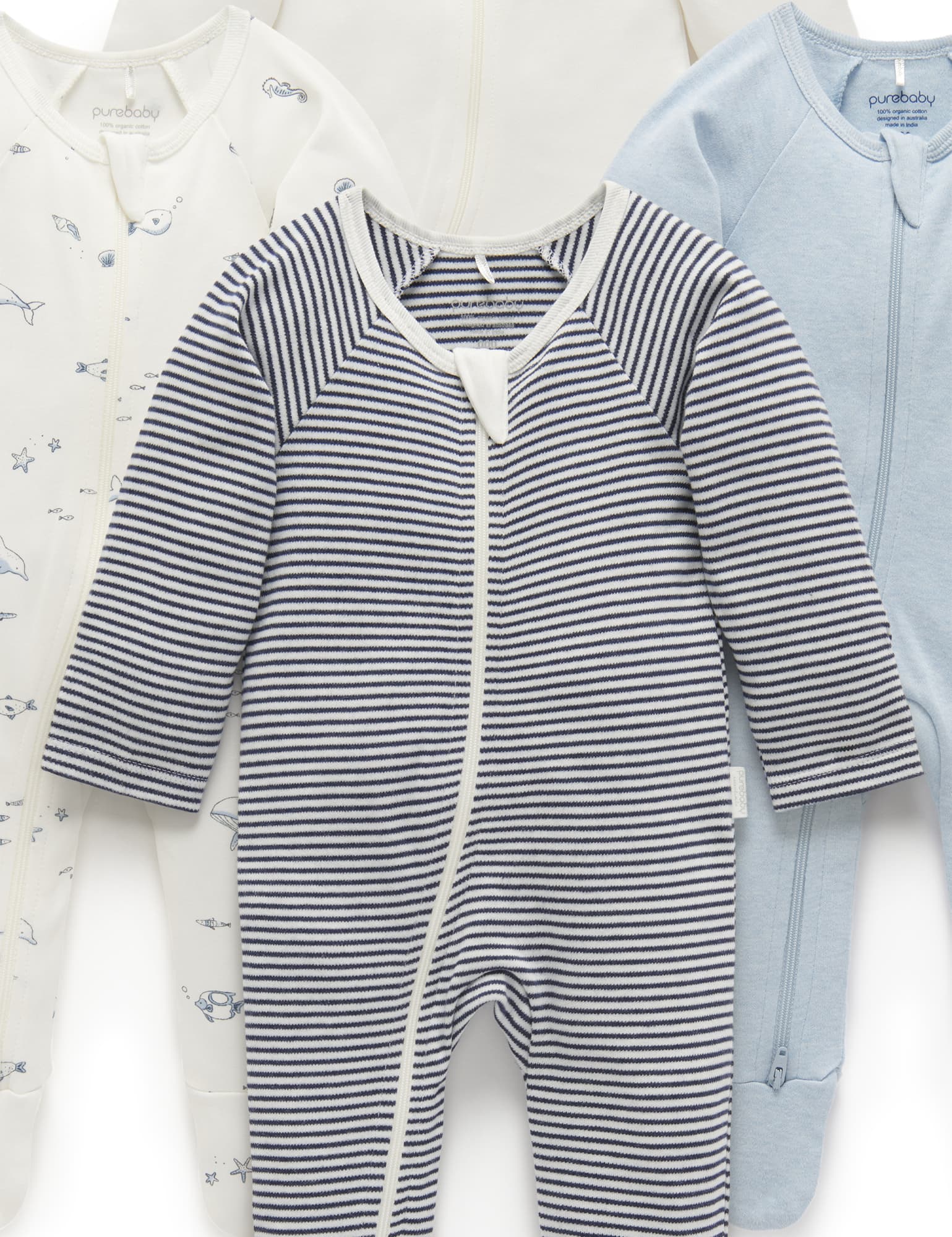 Purebaby Organic Zip Growsuit 4 Pack - Vanilla Nautical Print Baby Romper for Newborns & Infants | Soft Cotton Onesies for Daycare, Playtime & Sleepwear
