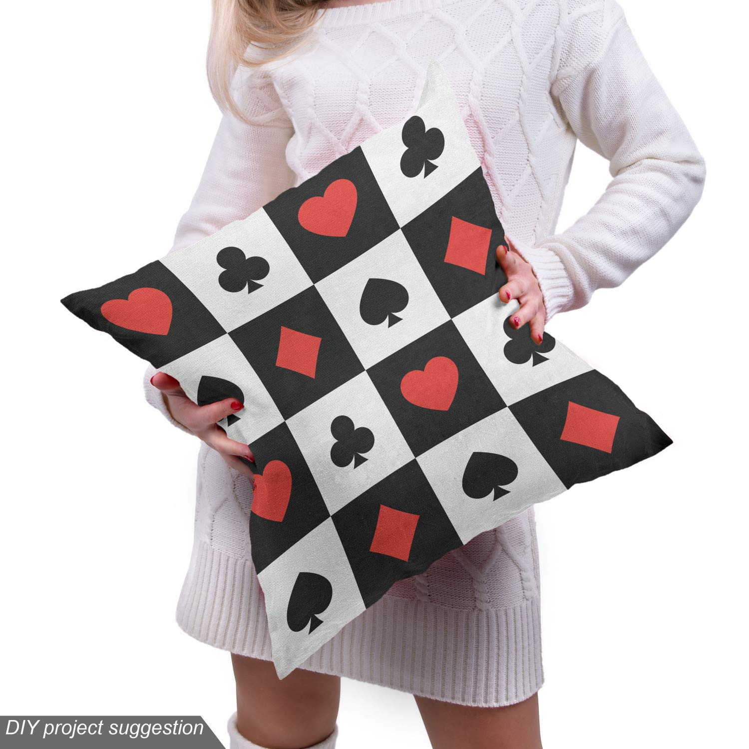 Lunarable Poker Fabric by The Yard - Checkered Squares with Poker Card Suits (Spades, Hearts, Clubs) - 10 Yards Black & White Upholstery Fabric for Home Decor, DIY Projects & Poker-Themed Room Accents