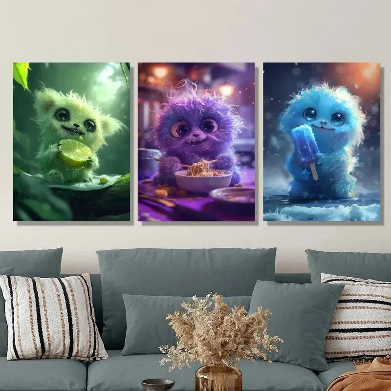 3pcs Happy Little Monster Eating Noodles Metal Wall Art - Ready to Hang Home Decor for Kids Room, Nursery & Playroom