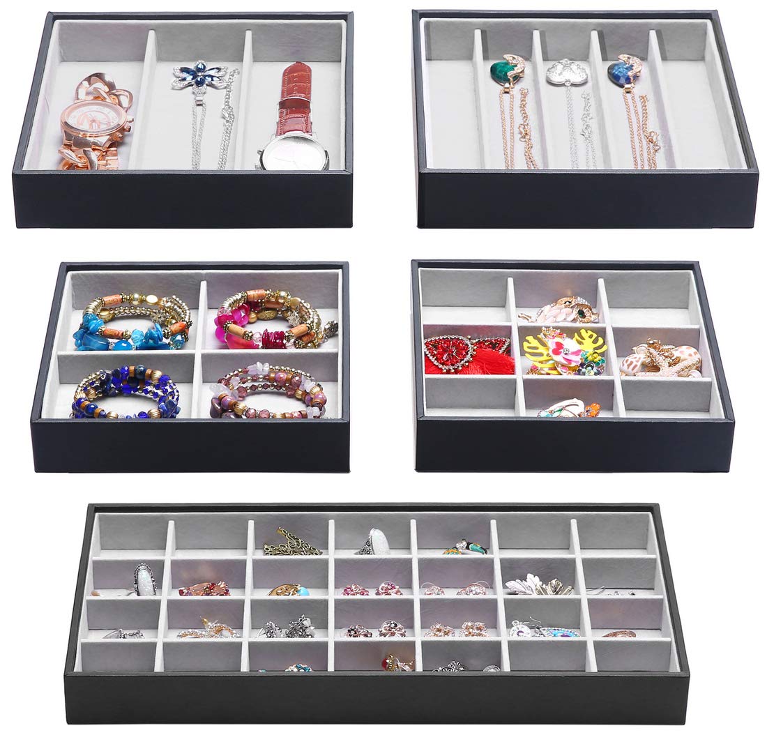 Stackable Jewelry Organizer Trays - 5-Piece Set for Necklaces, Rings, Earrings & Cosmetics | Closet & Dresser Drawer Storage | Perfect for Travel, Vanity & Gift Giving