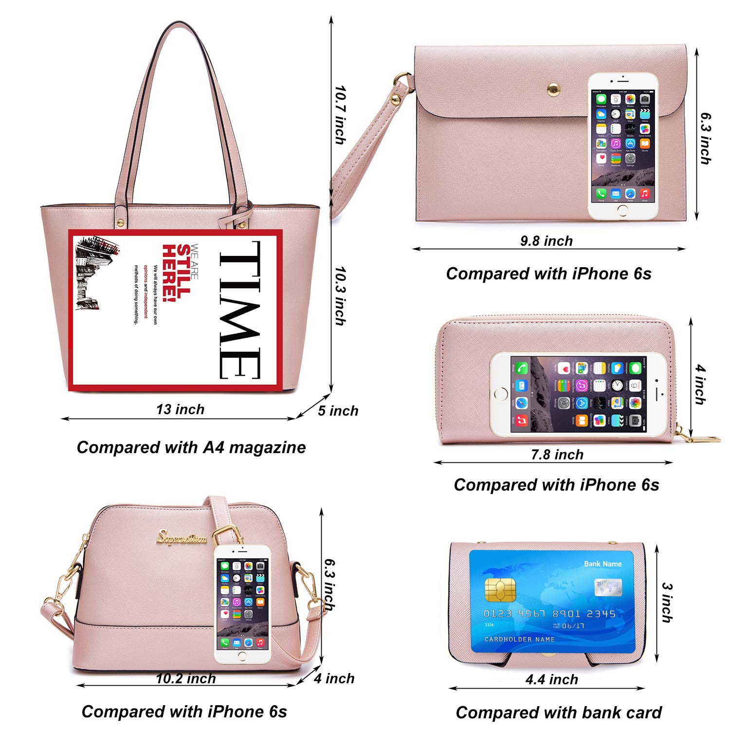 Soperwillton Women's 5-Piece Handbag Set - Tote, Shoulder Bag, Satchel, Wallet & Purse for Work, Travel & Daily Use