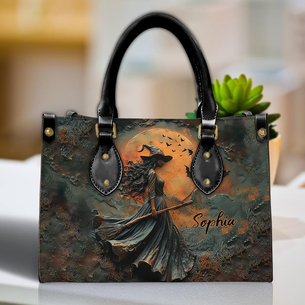 Stylish Black Leather Crossbody Bag for Women - Personalized Witch Design, Chic Shoulder Purse with Adjustable Strap for Travel, School & Work | Perfect Halloween Gift (11.6