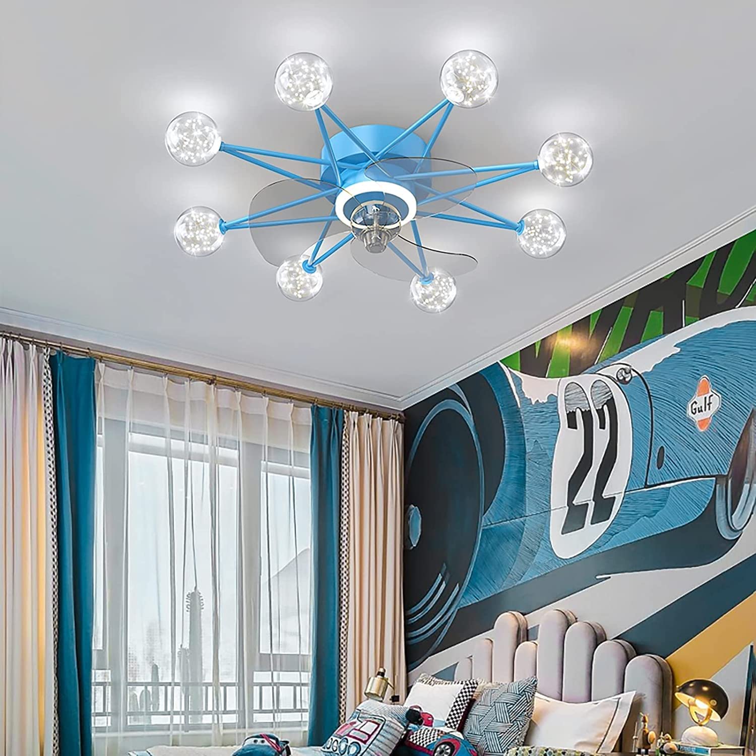 Modern 8-Light Ceiling Fan with Remote Control, DC Motor, Stealth Reversible 3 Blades, Dimmable Chandelier Lighting - 6 Speed Adjustable for Bedroom, Living Room, Nursery (Blue, Size A) | Perfect for Home Cooling and Stylish Interior Decor