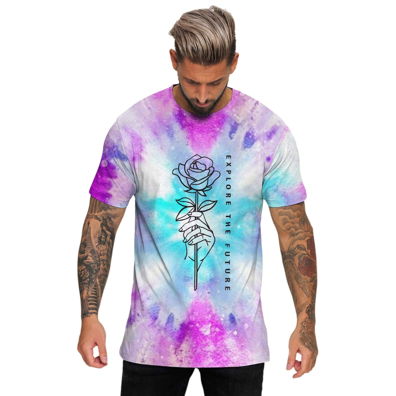 ZDDO Men's Vintage Street Rose Print Short Sleeve T-Shirt - Hip Hop Workout & Casual Summer Tee for Athletic Wear, Sports & Street Fashion