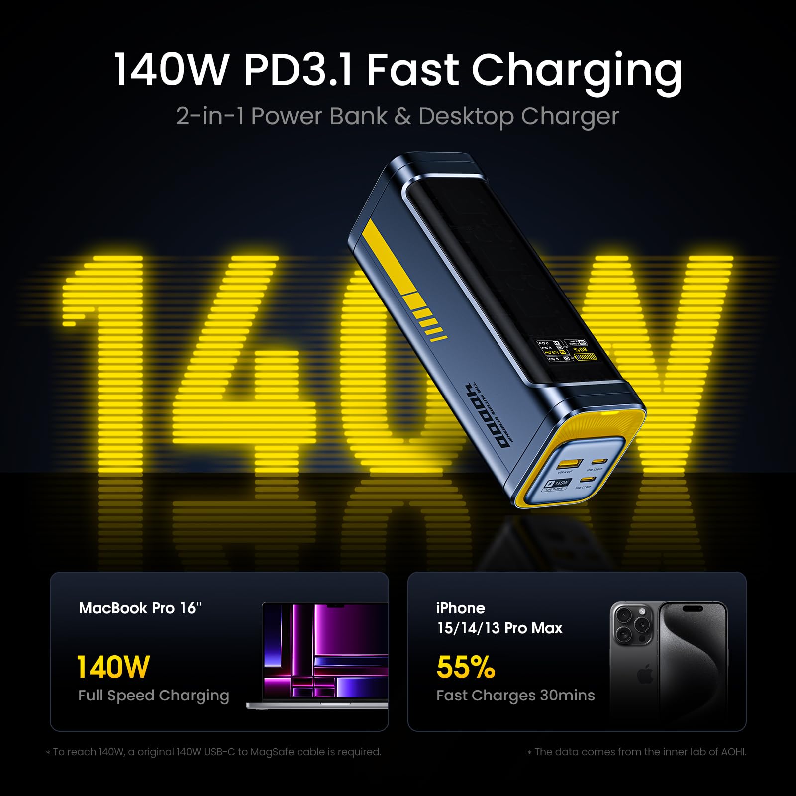 AOHI 140W PD3.1 40000mAh Portable Charger - Fast Charging Power Bank for MacBook Pro/Air, iPad Pro, iPhone 16 Pro Max, Galaxy, Steam Deck | 2-in-1 Laptop & Device Charging Station | Perfect for Camping, Travel & Emergency Power Backup (Grey)