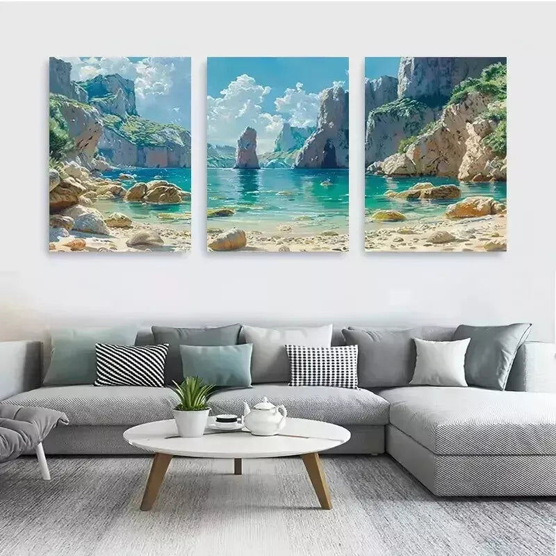 3-Piece Serene Beach and Cliff Wall Art Set - Framed Canvas 50x70cm (20x28in) - High Quality Print - 100% Australian Made - Ready to Hang - Perfect for Living Room, Bedroom & Office Decor