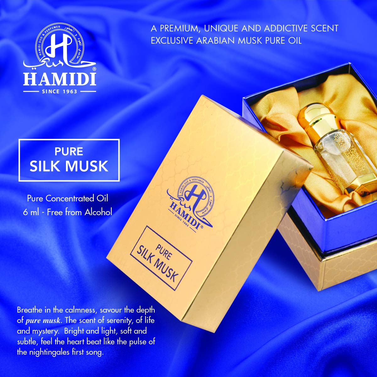 Hamidi Pure Silk Musk 0.2 oz /6 ml Alcohol-Free Concentrated Perfume Oil - Floral Musky Fragrance for Women, Long-Lasting Attar for Daily Wear, Special Occasions & Gift Giving