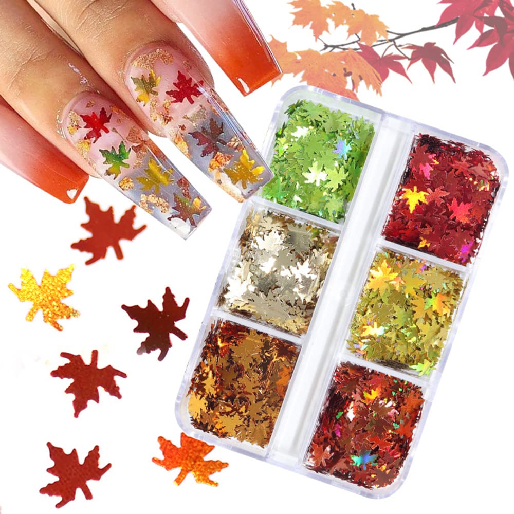 3D Holographic Maple Leaf Nail Sequins - Autumn Mixed Color Glitter Flakes for Acrylic Nails | DIY Thanksgiving Nail Art Supplies & Women's Nail Decoration | Perfect for Fall Manicures, Holiday Parties & Seasonal Nail Designs