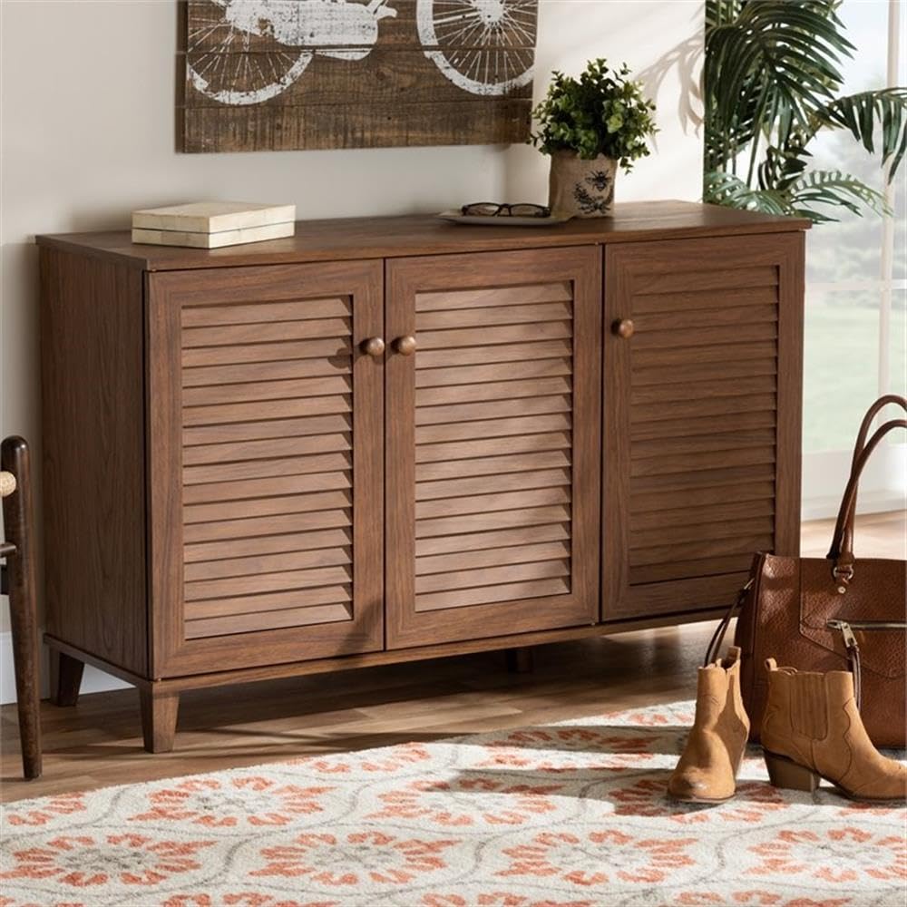 Baxton Studio Coolidge Modern 8-Shelf Wooden Shoe Storage Cabinet - Walnut Finish, Contemporary Shoe Organizer for Entryway, Bedroom & Closet Organization