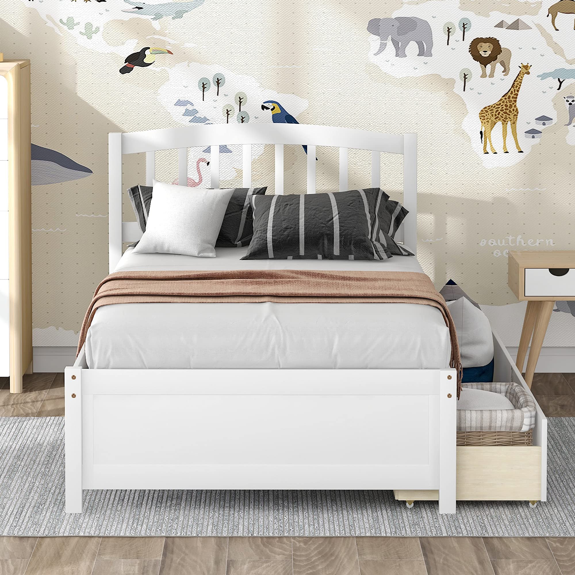 Harper & Bright Designs Twin Storage Bed Frame with 2 Drawers & Headboard - Wood Platform Bed for Kids & Teens - White - Perfect for Small Bedrooms & Space-Saving Solutions