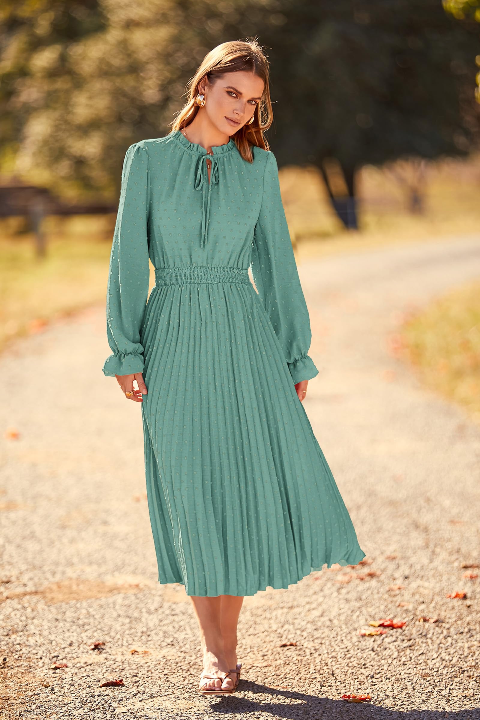 PRETTYGARDEN Women's 2025 Spring Fall Midi Dress - Long Sleeve V-Neck Swiss Dot Pleated A-Line Flowy Casual Dress for Work, Party & Date Night | Elegant Office Wear & Special Occasion Outfit