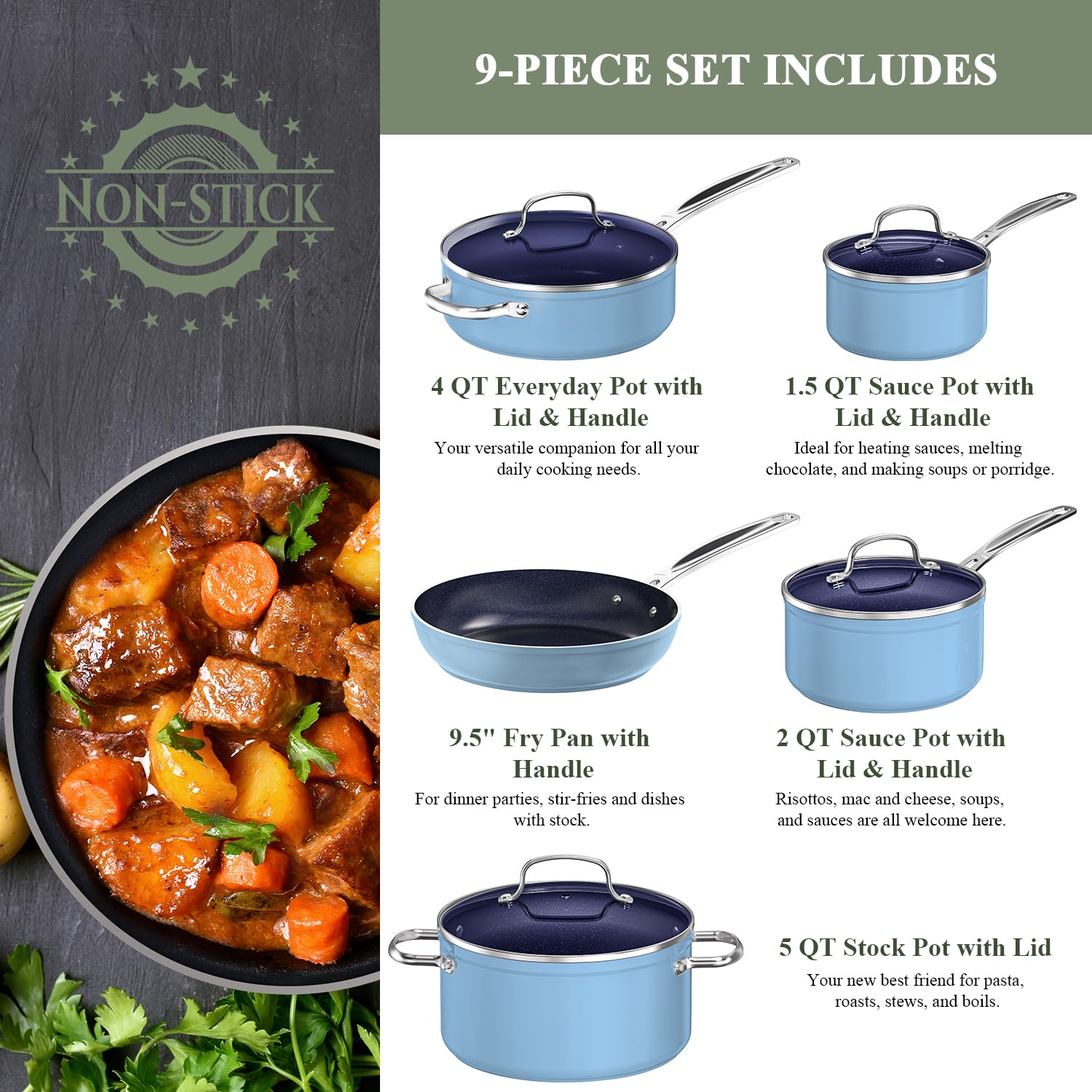 Nuwave 9-Piece Nonstick Cookware Set - Blue Ceramic Coated, Diamond Infused, Scratch Resistant & PFAS Free - Oven & Induction Safe with Tempered Glass Lids & Stay-Cool Handles - Perfect for Healthy Cooking, Frying, Baking & Meal Prep