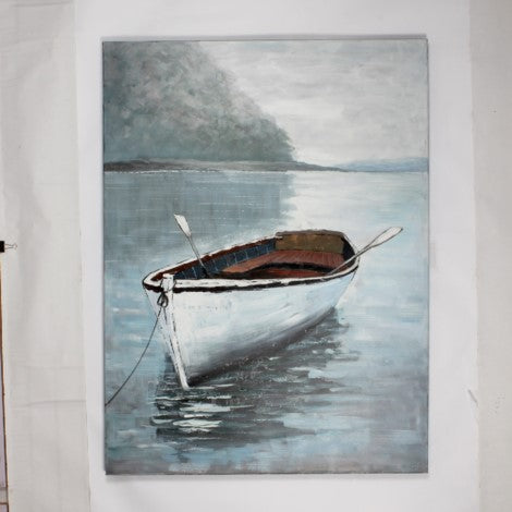 Hand Painted White Boat on Lake Canvas Wall Art - Perfect for Living Room, Bedroom & Office Decor